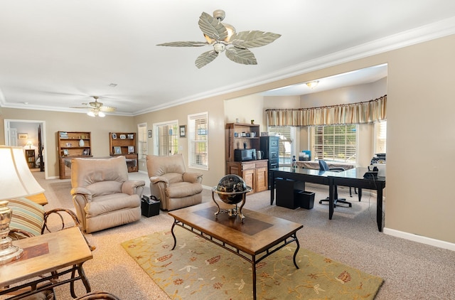 673 Newton Ln, Gallatin, TN 37066 - living room featuring a ceiling fan, light carpet, crown molding, and a desk