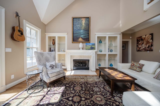 872 Pinnacle Hill Rd, Kingston Springs, TN 37082 - living area featuring a fireplace, high vaulted ceiling, and built in features
