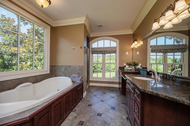 872 Pinnacle Hill Rd, Kingston Springs, TN 37082 - bathroom with vanity, healthy amount of natural light, a garden tub, tile patterned floors, and crown molding