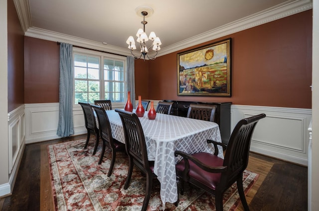 872 Pinnacle Hill Rd, Kingston Springs, TN 37082 - dining area featuring a chandelier, crown molding, dark wood-style flooring, a wainscoted wall, and a decorative wall
