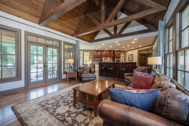 872 Pinnacle Hill Rd, Kingston Springs, TN 37082 - living area featuring french doors, a wooden ceiling with exposed beams, high vaulted ceiling, and wood finished floors