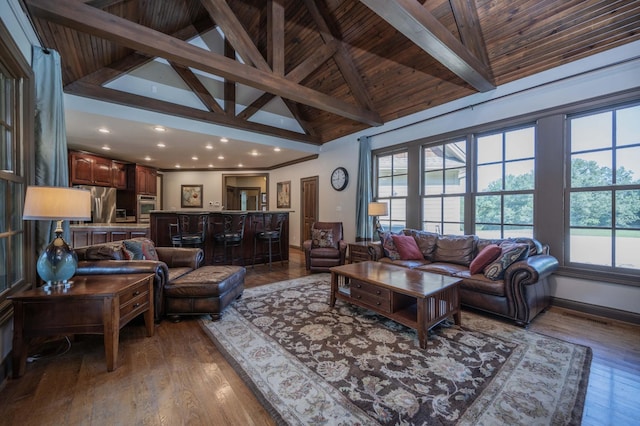 872 Pinnacle Hill Rd, Kingston Springs, TN 37082 - living room featuring recessed lighting, dark wood finished floors, high vaulted ceiling, and a wooden ceiling with exposed beams