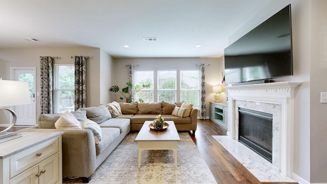 2809 Kaye Dr, Thompsons Station, TN 37179 - living area featuring healthy amount of natural light, wood finished floors, a high end fireplace, and recessed lighting