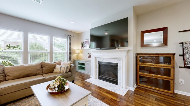 2809 Kaye Dr, Thompsons Station, TN 37179 - living area featuring wood finished floors, a premium fireplace, and recessed lighting