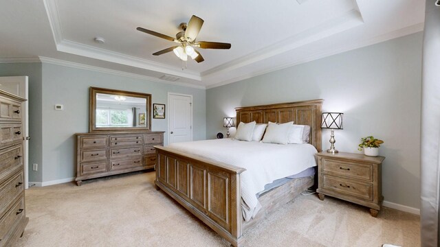 2809 Kaye Dr, Thompsons Station, TN 37179 - bedroom featuring a raised ceiling, light colored carpet, ornamental molding, and ceiling fan