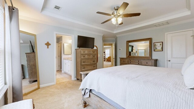 2809 Kaye Dr, Thompsons Station, TN 37179 - bedroom featuring a tray ceiling, light carpet, ornamental molding, ensuite bath, and a ceiling fan
