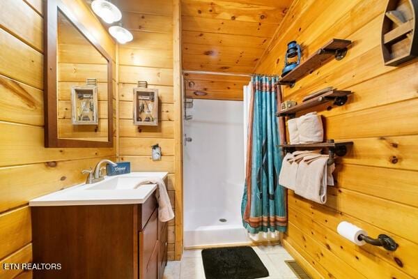 1999 E Mountain View Way, Sevierville, TN 37862 - bathroom with vanity, wood walls, a shower stall, wood ceiling, and tile patterned flooring