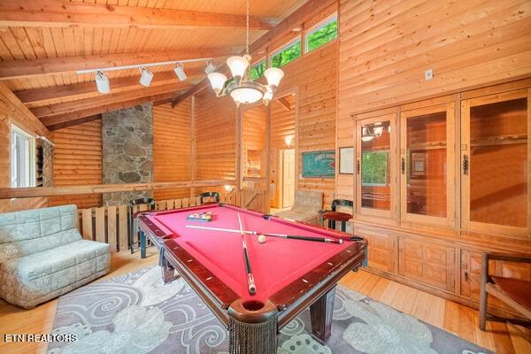 3127 Emerald Springs Loop, Sevierville, TN 37862 - playroom featuring wood ceiling with exposed beams, high vaulted ceiling, billiards table, wood finished floors, and wooden walls