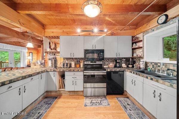 3127 Emerald Springs Loop, Sevierville, TN 37862 - kitchen with open shelves, black appliances, wooden ceiling with exposed beams, a sink, and plenty of natural light