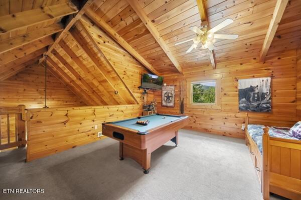 4196 Mountain Rest Way, Sevierville, TN 37876 - game room with wooden walls, billiards, wood ceiling, ceiling fan, and carpet floors