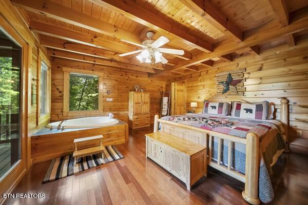 4196 Mountain Rest Way, Sevierville, TN 37876 - bedroom featuring wooden ceiling with exposed beams, wood finished floors, and wood walls