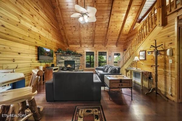 4196 Mountain Rest Way, Sevierville, TN 37876 - living area with wooden ceiling, stairway, wood finished floors, wood walls, and a stone fireplace