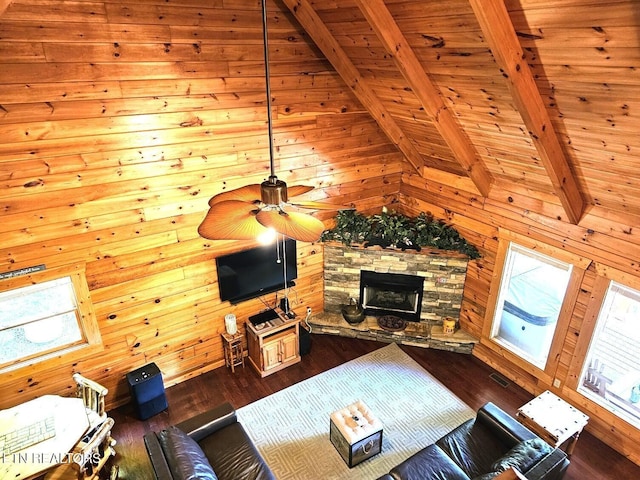 4196 Mountain Rest Way, Sevierville, TN 37876 - living area featuring plenty of natural light, wood finished floors, wooden walls, a ceiling fan, and a fireplace