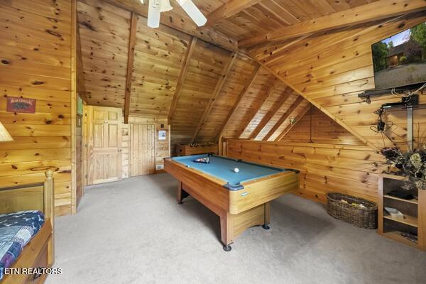 4196 Mountain Rest Way, Sevierville, TN 37876 - game room featuring wooden walls, carpet flooring, wood ceiling, pool table, and a ceiling fan