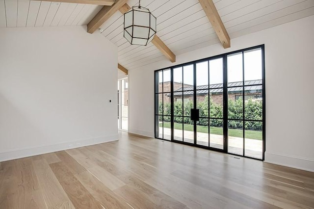 1302B Pillow St, Nashville, TN 37203 - unfurnished room featuring plenty of natural light, wood finished floors, baseboards, high vaulted ceiling, and wood ceiling with exposed beams