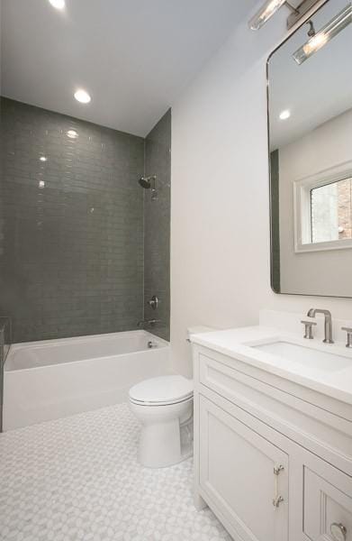 1302B Pillow St, Nashville, TN 37203 - bathroom with vanity, toilet, tub / shower combination, tile patterned floors, and recessed lighting