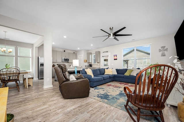 312 Whisper Wood Way, Lebanon, TN 37087 - living room with a chandelier, light wood-type flooring, a ceiling fan, and recessed lighting