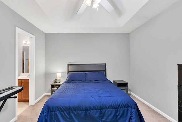 243 Shoshone Pl, Murfreesboro, TN 37128 - bedroom with light colored carpet, connected bathroom, and ceiling fan