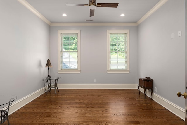 1024 Vaughn Crest Dr, Franklin, TN 37069 - spare room with crown molding, plenty of natural light, ceiling fan, wood finished floors, and recessed lighting