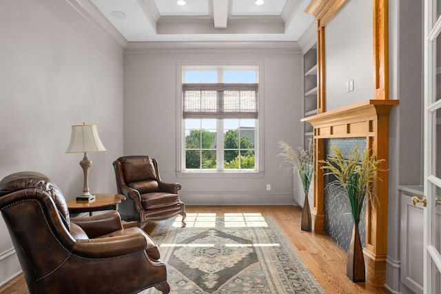 1024 Vaughn Crest Dr, Franklin, TN 37069 - sitting room with light wood finished floors, crown molding, coffered ceiling, recessed lighting, and beamed ceiling