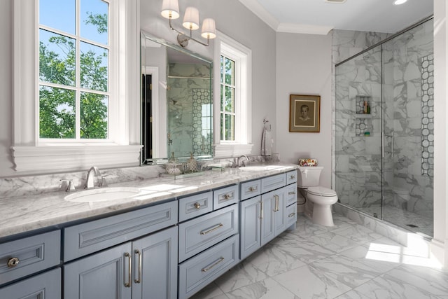 1024 Vaughn Crest Dr, Franklin, TN 37069 - full bath with marble finish flooring, a marble finish shower, double vanity, and ornamental molding