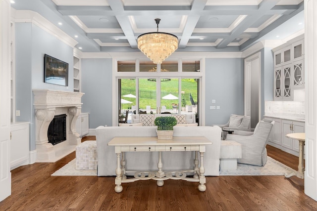 1024 Vaughn Crest Dr, Franklin, TN 37069 - living area with dark wood-style floors, a chandelier, a premium fireplace, recessed lighting, and beamed ceiling