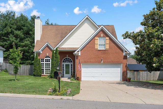 2104 Loudenslager Dr, Thompsons Station, TN 37179 - traditional-style house with brick siding, driveway, a chimney, an attached garage, and roof with shingles