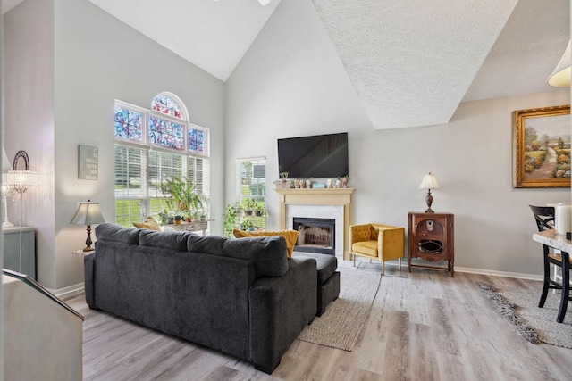2104 Loudenslager Dr, Thompsons Station, TN 37179 - living area featuring high vaulted ceiling, wood finished floors, and a fireplace