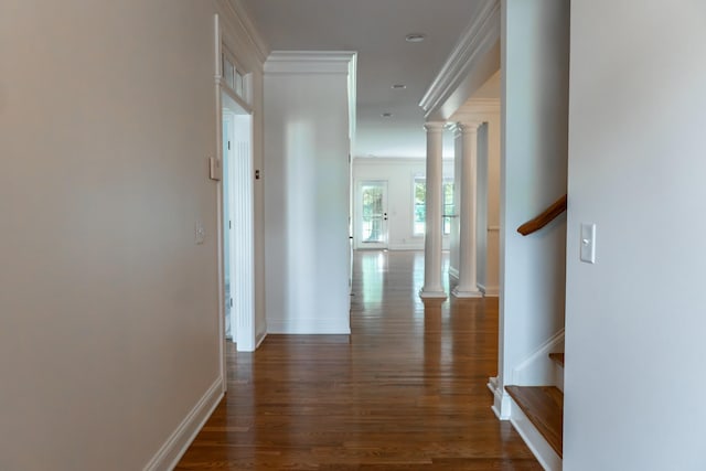 1159 Fairvue Village Ln, Gallatin, TN 37066 - hallway with crown molding, wood finished floors, baseboards, decorative columns, and stairs