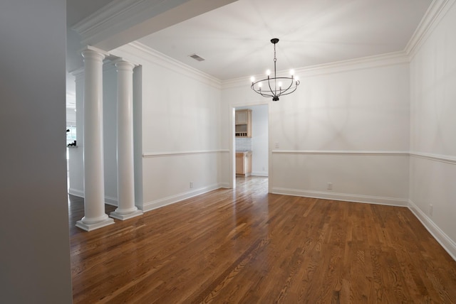 1159 Fairvue Village Ln, Gallatin, TN 37066 - unfurnished dining area featuring ornate columns, a chandelier, dark wood-type flooring, ornamental molding, and baseboards