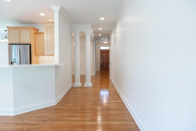 1159 Fairvue Village Ln, Gallatin, TN 37066 - hall featuring light wood-style floors, baseboards, recessed lighting, and ornamental molding
