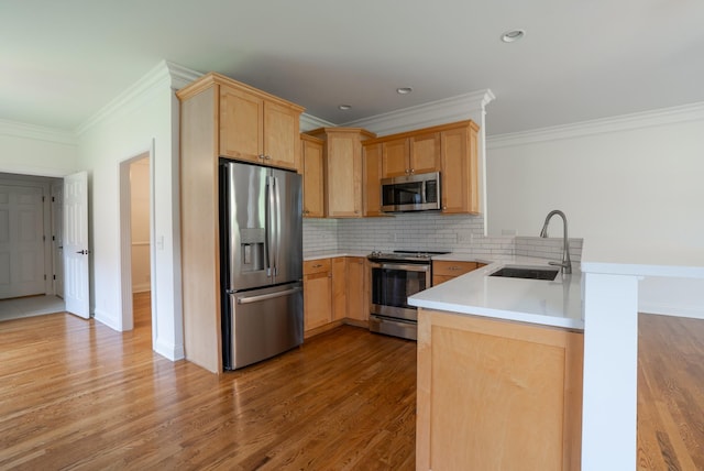 1159 Fairvue Village Ln, Gallatin, TN 37066 - kitchen with stainless steel appliances, a peninsula, a sink, ornamental molding, and light brown cabinets