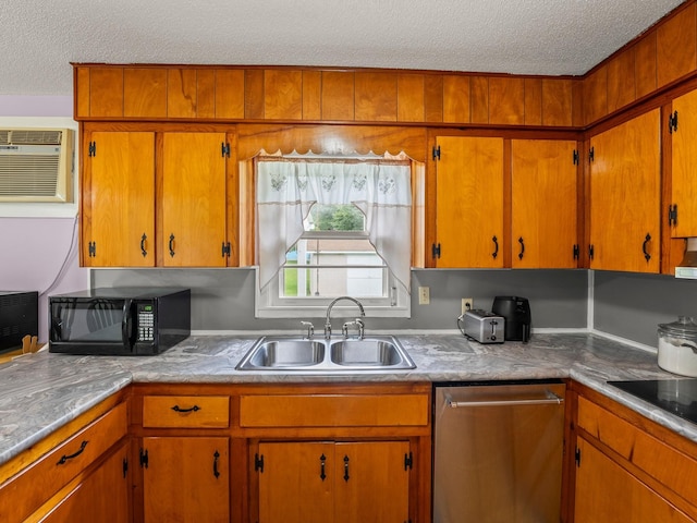 1574 Midway Rd, Sewanee, TN 37375 - kitchen featuring black appliances, a textured ceiling, a sink, an AC wall unit, and brown cabinets