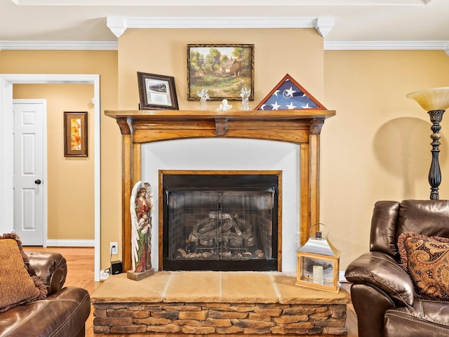 1574 Midway Rd, Sewanee, TN 37375 - detailed view of ornamental molding, wood finished floors, a fireplace with raised hearth, and baseboards