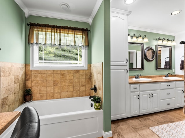 1574 Midway Rd, Sewanee, TN 37375 - bathroom with ornamental molding, double vanity, a garden tub, and recessed lighting