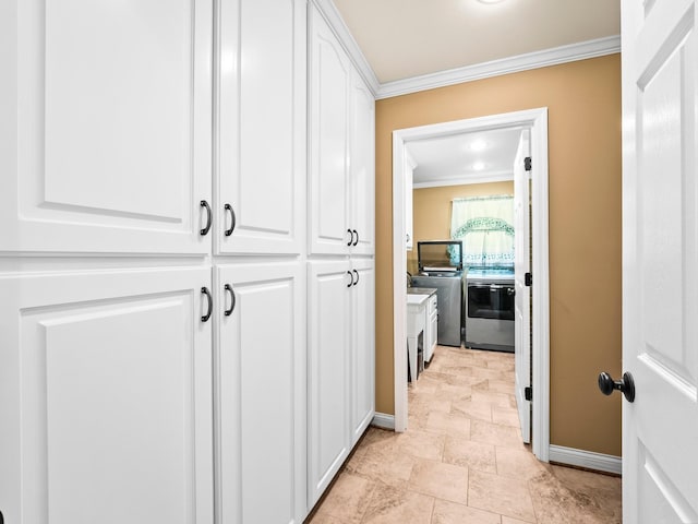 1574 Midway Rd, Sewanee, TN 37375 - hall featuring ornamental molding, stone finish flooring, baseboards, and washer / clothes dryer