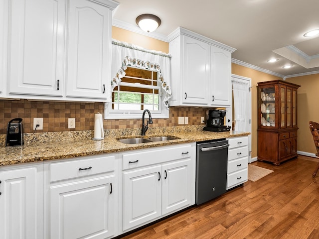 1574 Midway Rd, Sewanee, TN 37375 - kitchen featuring dishwasher, a sink, ornamental molding, wood finished floors, and decorative backsplash