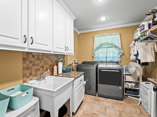 1574 Midway Rd, Sewanee, TN 37375 - laundry area featuring separate washer and dryer, ornamental molding, cabinet space, light stone finish flooring, and recessed lighting