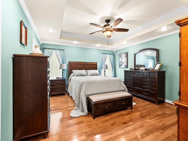 1574 Midway Rd, Sewanee, TN 37375 - bedroom with a tray ceiling, crown molding, light wood-style floors, recessed lighting, and a ceiling fan