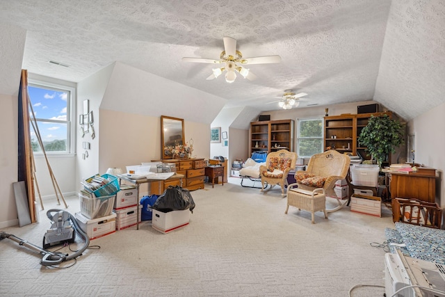 6873 Giles Hill Rd, College Grove, TN 37046 - bedroom with a textured ceiling, carpet, vaulted ceiling, and ceiling fan