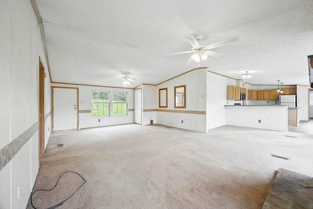947 Buck Branch Rd, Charlotte, TN 37036 - unfurnished living room featuring a ceiling fan, light carpet, crown molding, a textured ceiling, and wainscoting