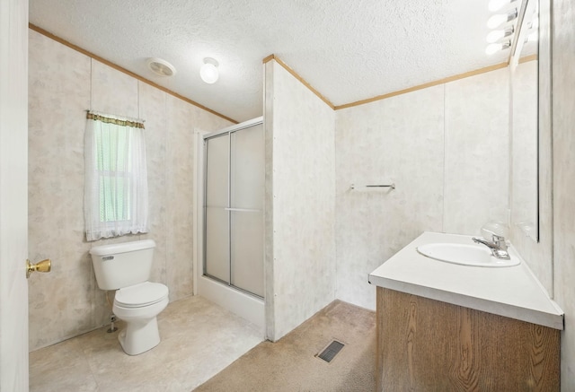 947 Buck Branch Rd, Charlotte, TN 37036 - full bathroom featuring toilet, a shower with shower door, vanity, ornamental molding, and a textured ceiling