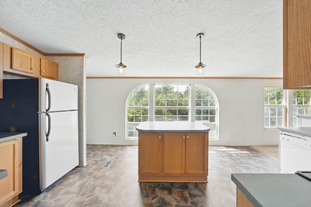 947 Buck Branch Rd, Charlotte, TN 37036 - kitchen featuring white appliances, ornamental molding, decorative light fixtures, a center island, and stone finish flooring