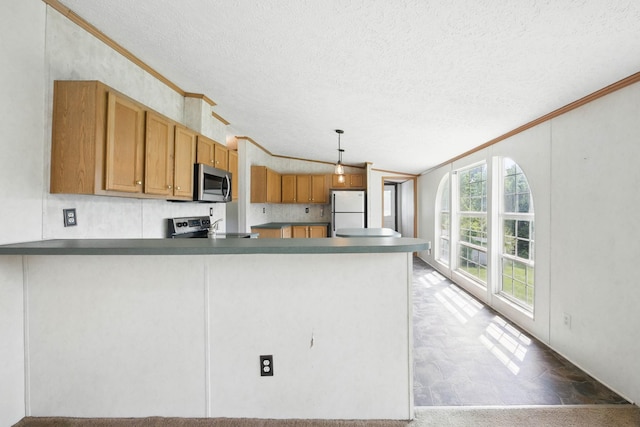 947 Buck Branch Rd, Charlotte, TN 37036 - kitchen featuring appliances with stainless steel finishes, ornamental molding, a peninsula, a textured ceiling, and vaulted ceiling