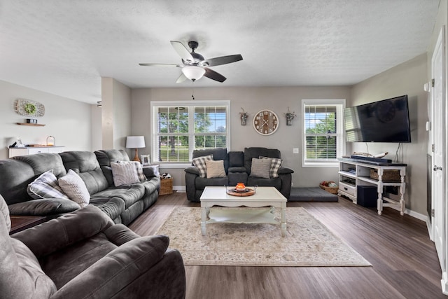 2237 Cold Springs Rd, Lafayette, TN 37083 - living area with plenty of natural light, wood finished floors, a ceiling fan, baseboards, and a textured ceiling