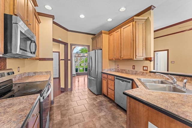 3696 Prestwicke Pl, Adams, TN 37010 - kitchen with stainless steel appliances, ornamental molding, recessed lighting, and light countertops