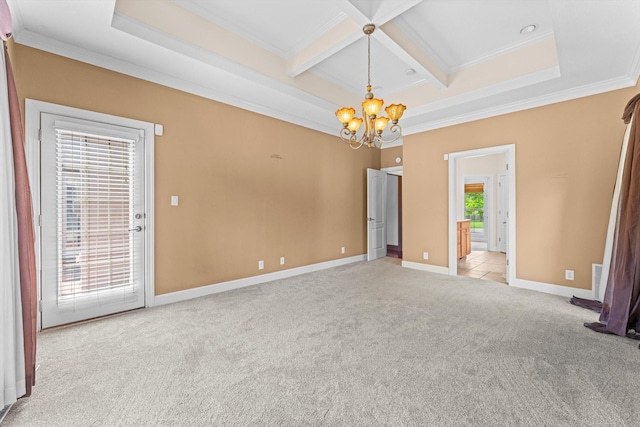 3696 Prestwicke Pl, Adams, TN 37010 - empty room with a chandelier, light carpet, coffered ceiling, crown molding, and beam ceiling