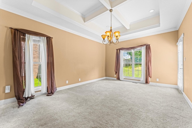 3696 Prestwicke Pl, Adams, TN 37010 - spare room featuring healthy amount of natural light, a chandelier, beamed ceiling, coffered ceiling, and ornamental molding
