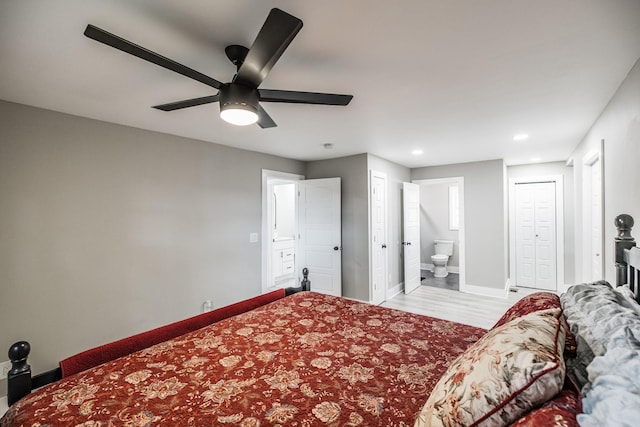 1108 Pruitt Ln, Gallatin, TN 37066 - bedroom featuring light wood finished floors, recessed lighting, connected bathroom, and a ceiling fan