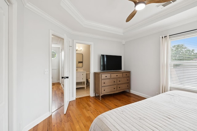 3453 Parkwood Ct, Hermitage, TN 37076 - bedroom featuring ornamental molding, light wood-type flooring, a tray ceiling, baseboards, and ceiling fan
